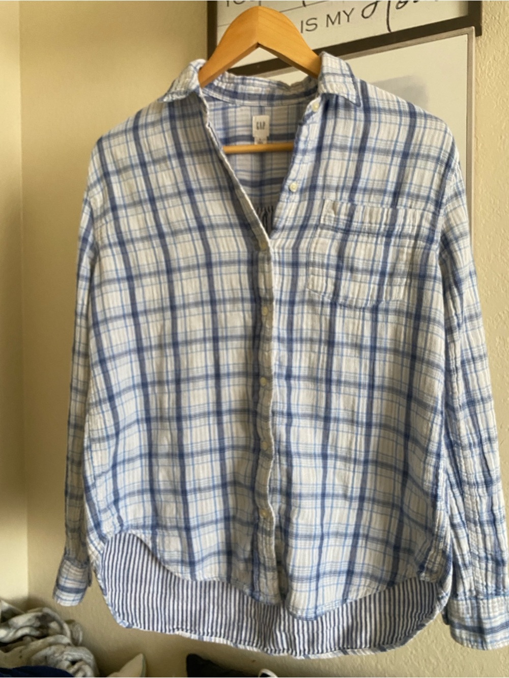 GAP Light Blue and White Plaid Button-Down Shirt